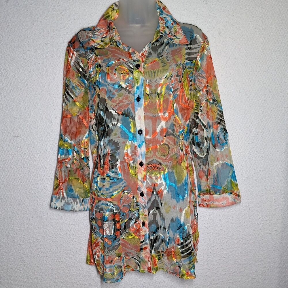 Vtg Nancy Bolen City Girl Womens Sheer Rainbow Top Blouse Large Shimmer Colorful